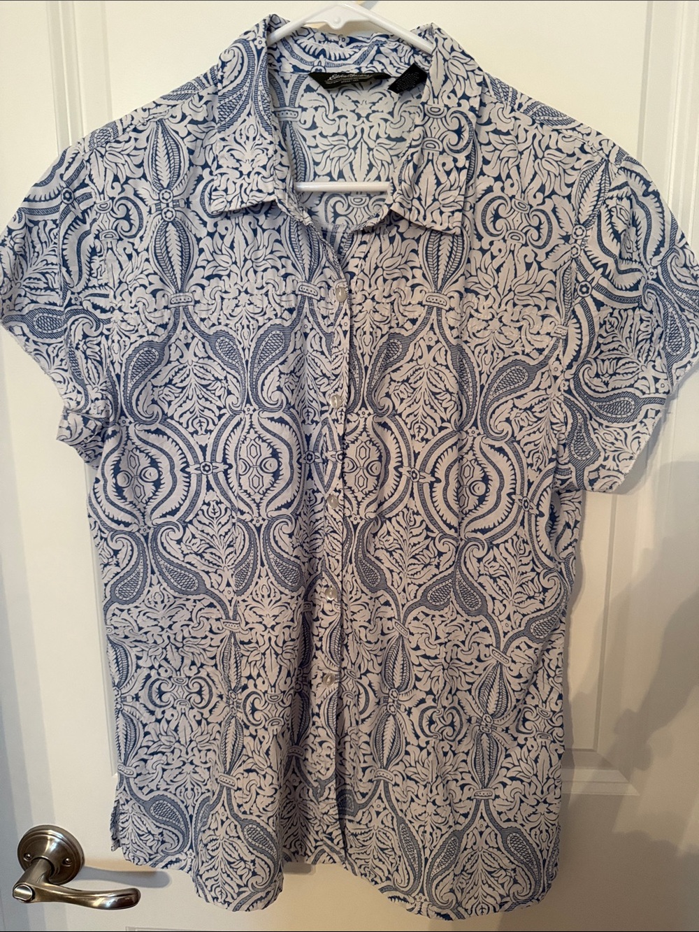 Eddie Bauer Blue and White Paisley Print Button-Down Shirt